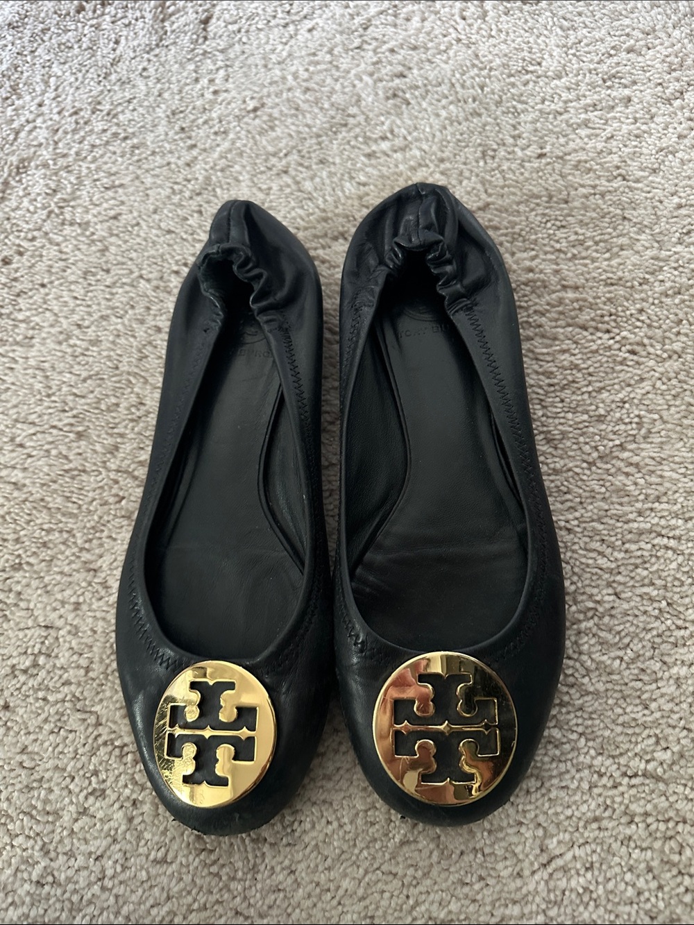 Tory Burch Black Leather Reva Flats with Gold Logo Medallions